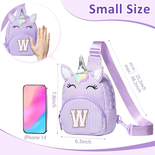 Image of COSHAYSOO Purple Girl Purse Unicorn Crossbody Sling Bag Small, Cute Easter Day Gifts for 3 4 5 6 7 8 9 10 Year Old Girls Easter Basket Stuffers Birthday Party Favor Girly Stuff Initial Letter W