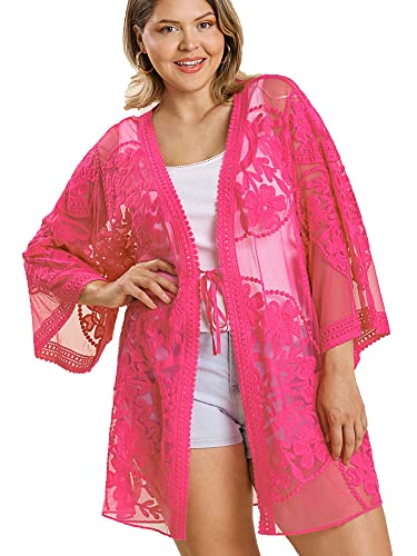 Umgee Womens Crochet Floral Lace Open Front Kimono with Waist Tie