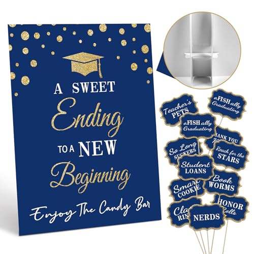 Graduation Candy Buffet Labels for Grad Party Decorations Graduation Candy Bar Dessert Food Label Signs Set Class of 2026 Grad Parties Table Decor Supplies (Blue and Gold)