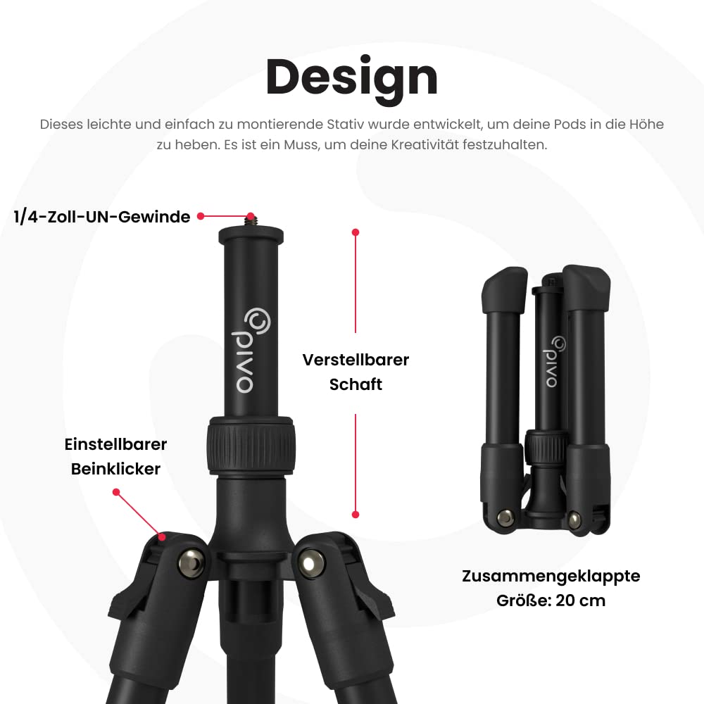 Pivo Stativ Mini ausziehbarer und Leichter Aluminiumständer für Smartphone und Kamera, 35 cm, mit universellem 1/4-Zoll-Gewinde, für Action Cam, DSLR und Pivo Pods