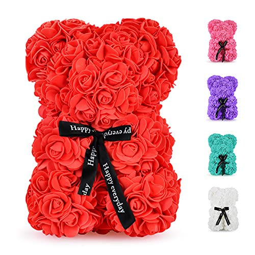 Rose Bear - 10 inch Fully Handmade Artificial Flower Bear, Romantic Gifts for Christmas, Valentine's Day, Thanksgiving Day, Mother's Day, Anniversary, Bridal Showers, Birthday with Gift Box (Red)