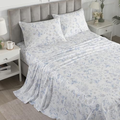 Image of Blue Floral Neutral Percale Bed Sheets King Size Deep Pocket, 4Pcs