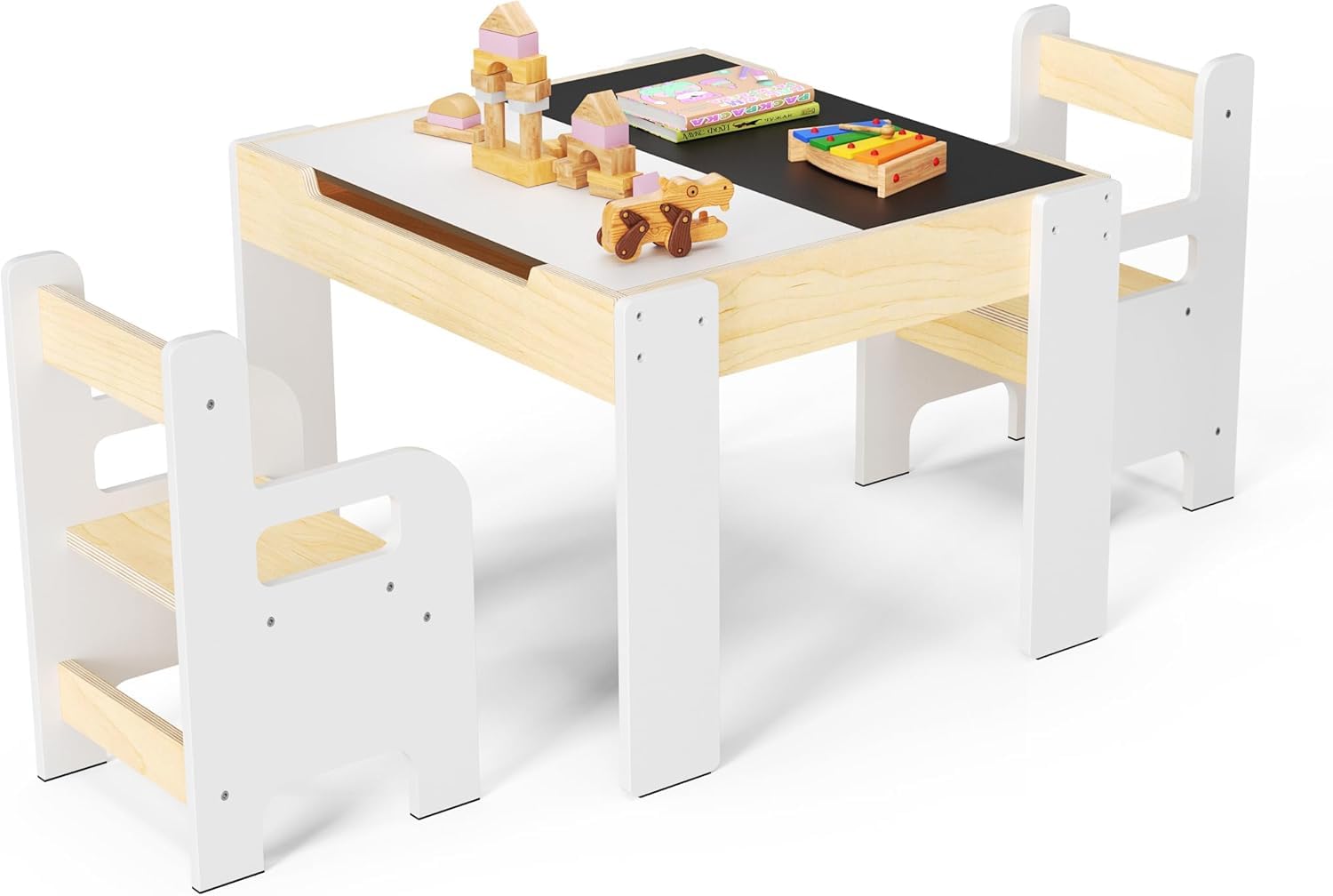 Juego de mesa de comedor y silla Montessori para niños, mesa infantil de madera, mesa de juegos con espacio de almacenamiento, ideal para niños, para leer, jugar, comer (dos sillas)