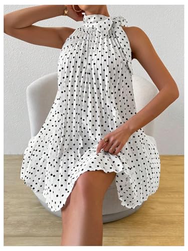 MakeMeChic Women's Polka Dots Halter Dress Tie Sleeveless Pleated A Line Flare Mini Dresses3