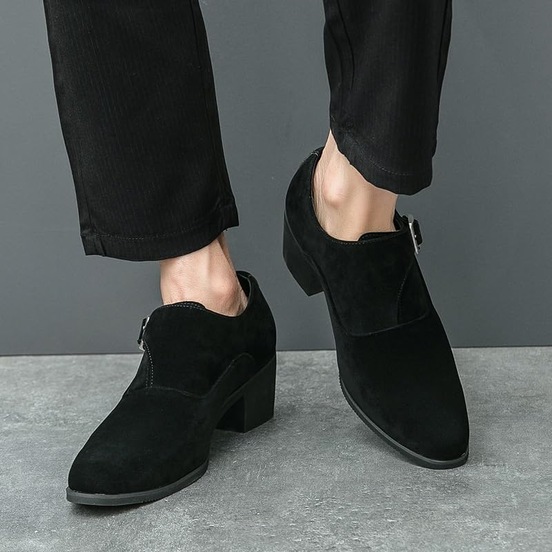 Italian Style Vintage Handmade Men Shoes Pointed Toe High Heels Leather Business Dress Shoes Trendy Single Buckle Slip On Suede Loafers Shoes2