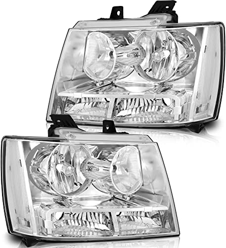 LBRST Headlight Assembly For Chevrolet Avalanche 2007-2013 For Chevrolet Suburban 1500 2007-2014 Chrome Housing Clear Reflector Clear Lens Driver and Passenger Side Headlamp
