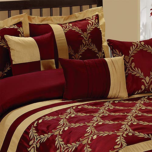 Hig 7 Piece Comforter Set King - Burgundy And Gold Faux Silk Fabric Embroidered - Claremont Bed In A Bag - Breathable And Wrinkle Resistant - 1 Comforter, 2 Shams, 3 Decorative Pillows, 1 Bedskirt #TOP3