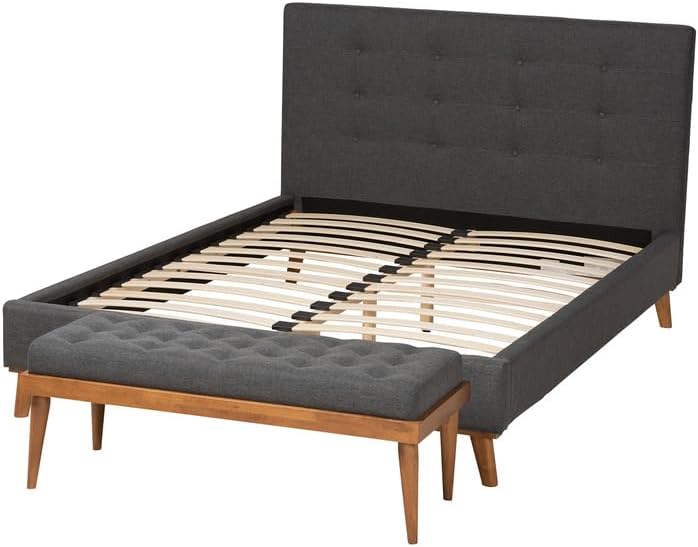 HomeStock Baroque Bonanza 66.34"x87.4"x45.87" Mid-Century Modern Dark Grey Fabric Upholstered Queen Size 2-Piece Bedroom Set with Button Tufting
