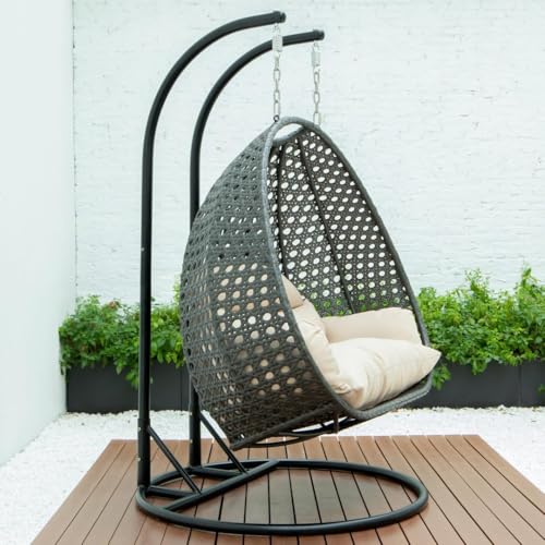 Image of Double Seater Hammock Swing Chair with Stand & Cushion | Heavy Duty Powder Coated Steel Frame | Outdoor Indoor Hanging Swing for Patio Balcony Garden Terrace Living Room (Grey-Honey)