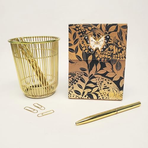 Image of Punch Studio Flip-Top Notepad For Daily Notes or Notes on-the-go, with Magnetic Closure, Brooch Embellishment, Gold-Foil Accents & 75 Illustrated Sheets, 5 inch x 3.75 inch - Black Butterflies (50441)