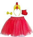 TIKSON 4 Pieces Animal Costume Rooster Chicken Chick Headband Bow Tie Tail Tutu Kids Halloween Dress Up Yellow Red