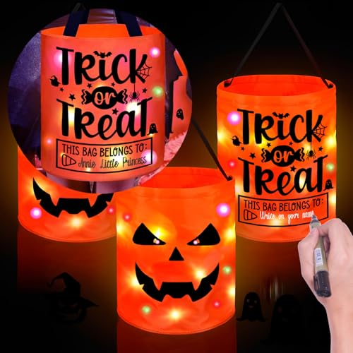 Halloween Trick or Treat Bags Candy Bucket Basket Decoration, Light Up Ghost Sweet Bags Multipurpose Reusable Goody Buckets for 2026 Halloween Party Decor Supplies Favors Gifts 1 Pack - image 3