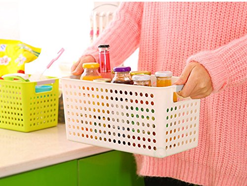 Image of Basicwise Rectangular Plastic Storage Basket with Easy-Grip Handles Ventilated Organizer Bin for Bathroom Pantry Closet Laundry Kitchen Shelves Countertops and Home Organization Essentials, White