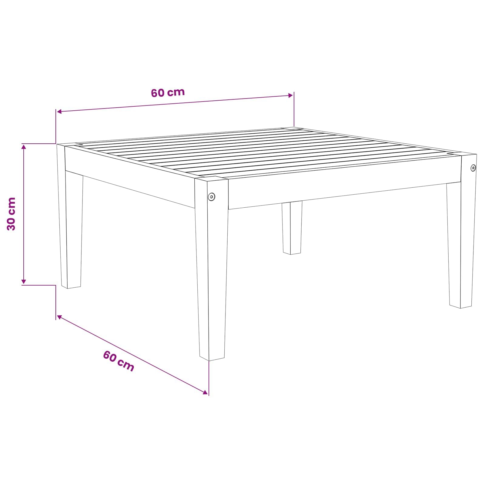 Stół ogrodowy z litego drewna akacjowego, naturalny, 60 x 60 x 30 cm, odporny na warunki atmosferyczne, meble outdoorowe na taras, balkon, werandę, wytrzymały element wypoczynkowy z olejowaną