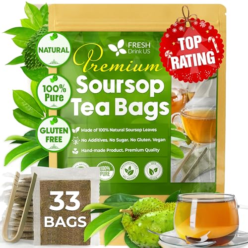 Image of FreshDrinkUS, Premium 33 Bags Soursop Graviola Leaf Tea, 100% Natural & Pure, Hoja Guanabana Herbal Tea. Made with Eco-Conscious Tea Bags. No Sugar, No Caffeine, Vegan.