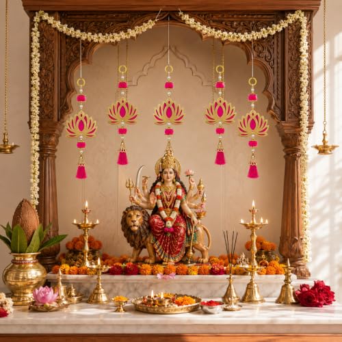 Image of JH Gallery Pink Pom Pom Lotus - Handmade Ganpati Decoration Setup for Home, Ganesh Chaturthi Mandap Decor, Pooja Room, Temple & Door Hanging (11 Inch, Pack of 5)