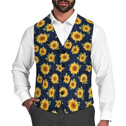 Sunflowers Blue Plaid Checkered Suit Vest for Men Slim Fit Tuxedo Waistcoat Button Down V Neck Business Dress Coat