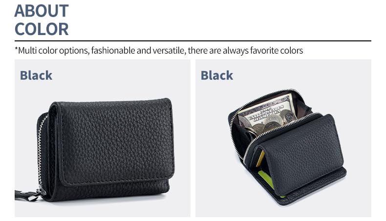 Women's Small Wallet RFID Wallet Zipper Coin Pocket Solid Color Multi Purpose Zipper Folded Purses (Black)3