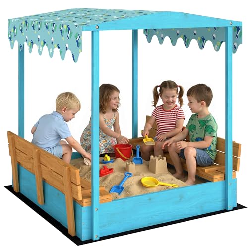 AIYAPLAY Bac à Sable en Bois avec Couvercle, bac à Sable Enfant extérieur avec siège Pliable, Espace de Rangement, Toile imprimée Dinosaures, Fond Inclus,...