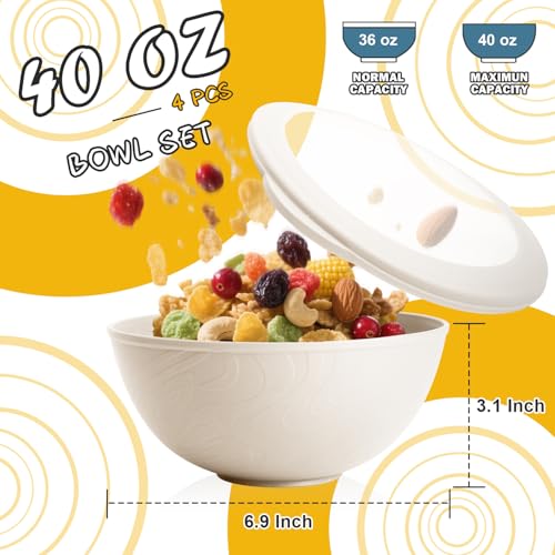Image of Wheat Straw Bowls Set with Lids, Unbreakable 40 OZ Large Cereal Bowls Set of 4, Salad Container for Lunch, Microwave & Dishwasher Safe Bowl Set for Kitchen, Picnic, RV, Camping, Beige