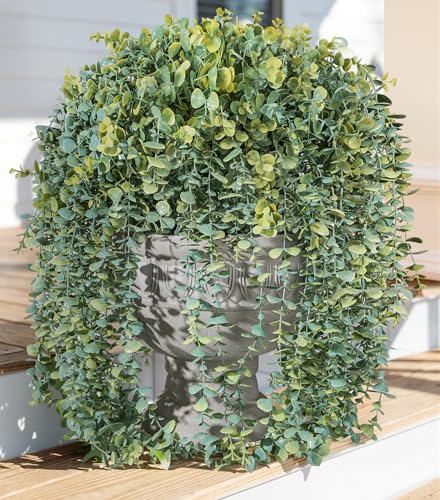 Faux Outdoor Plants Fake Hanging Plants for Outdoors Outside Decorations 2 Pcs White Faux Eucalyptus Vines Realistic UV Resistant Artificial Greenery for Planters Porch Garden Yard Front Door Patio