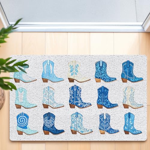RYYCDOI Trendy Blue Western Door Mat, Preppy Coastal Cowgirl Boots Welcome Mats Doormat for Front Door Porch Indoor Outside Entrance Entryway, Western Bath Mat, 17x30 Inch - Image 2