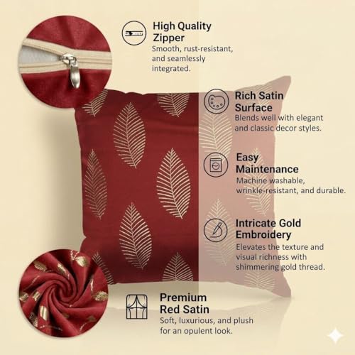 Image of TEXIVA Premium Velvet Cushion Covers Set of 5, 16x16 Inch Sofa Cushion Covers with Hidden Zipper, Modern Floral Pattern - Red