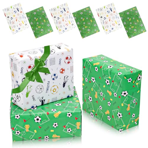 JETOP Papier Cadeau Anniversaire avec Ruban 70x50cm, 6 Feuilles Emballage Cadeau Football Papier Anniversaire Enfant Anniversaire D'emballage pour Garçon et...