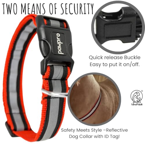 Image of PAWPRO HANDMADE Nylon Reflective Dog Collar With Customizable Bone-Shaped Tag Adjustable For Safety And Comfort, Fits 35-50 Cm Neck Black (Red, Medium)