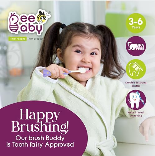 Image of BeeBaby Brush Buddy Baby Toothbrush for Kids 3-6 Years, Ultra Soft Tapered Bristles Toddler Toothbrush for Milk & Permanent Teeth, BPA Free Easy Grip Toothbrush for Sensitive Gums - Violet Giraffe