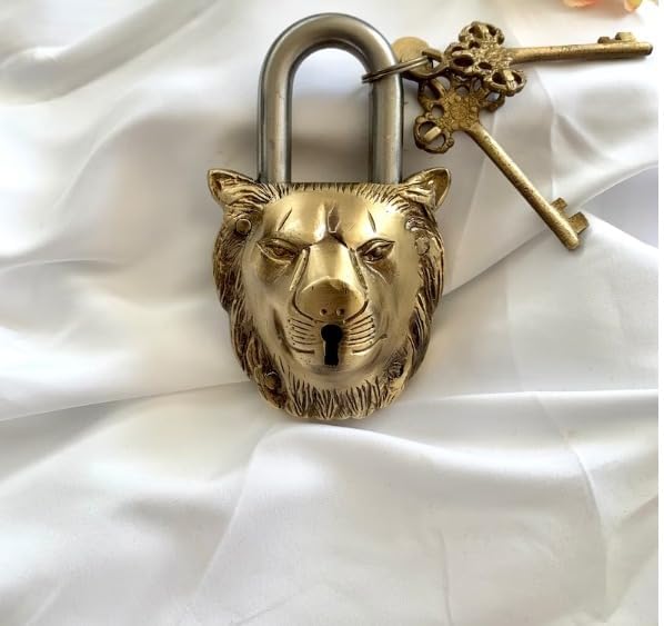 Lion Padlock with Two Keys, Animal Functional Padlock, Antique Lock, Indian handicrafts Padlock, Brass Locks