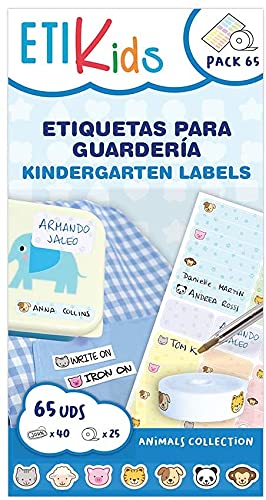 ETIKids PACK FUNNY: 40 Etiquetas Adhesivas + 25 Etiquetas de Tela Termoadhesivas con dibujos de animales (Animales)