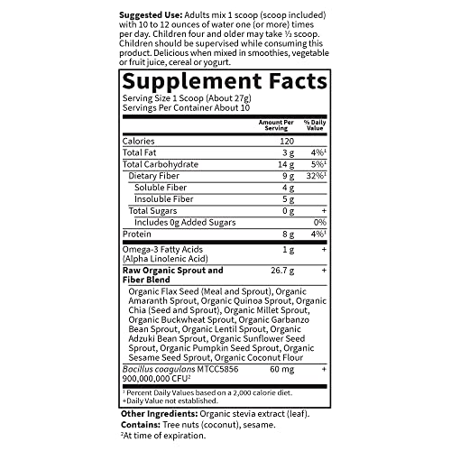 Garden of Life Raw Organic Fiber Powder, 10 Servings, 15 Organic Superfoods, Probiotics, Omega-3 ALA, 4g Soluble Fiber, 5g Insoluble for Regularity, Psyllium Husk Free - Image 6