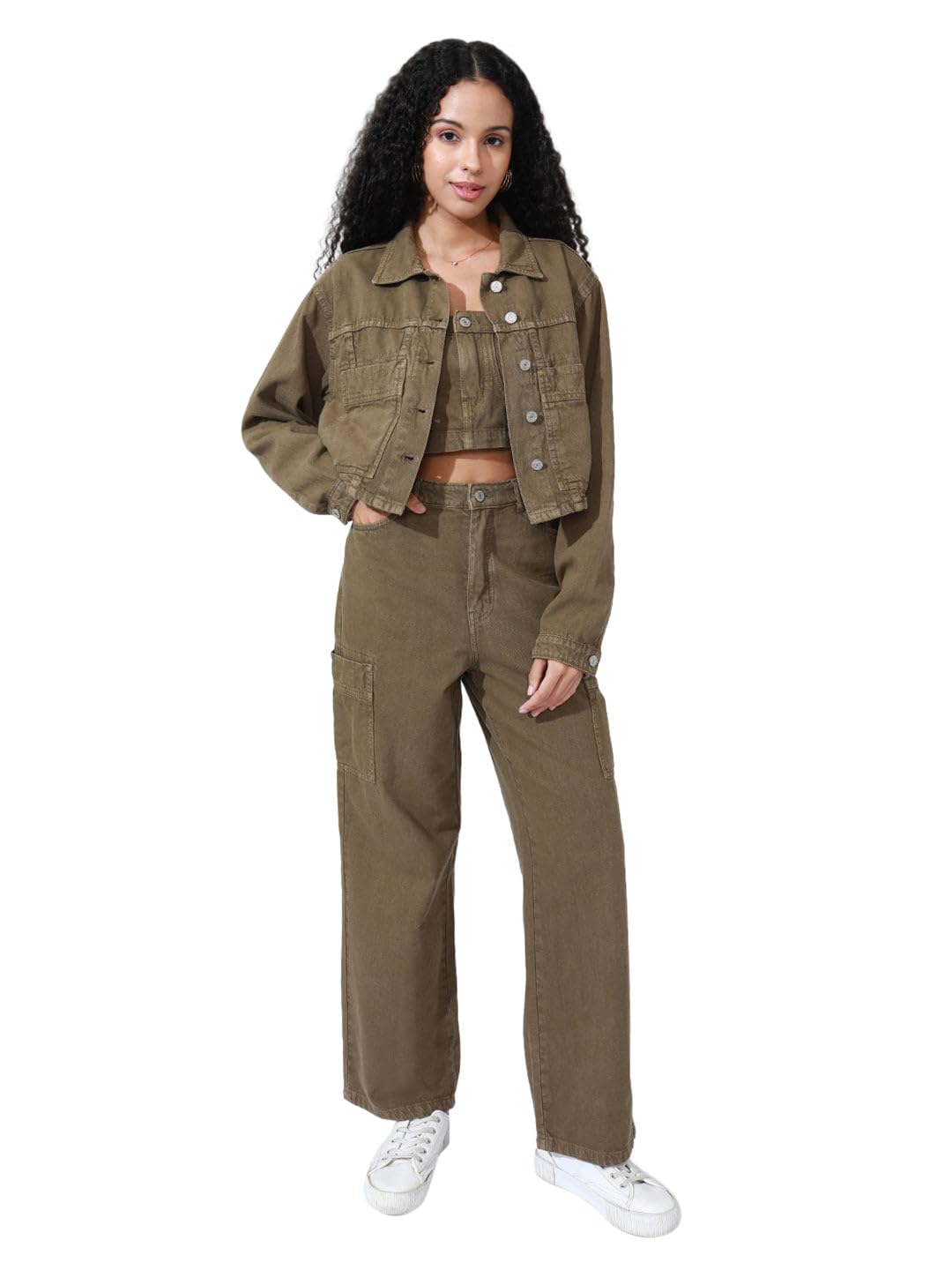 showoffff Women's Khaki Top and Jeans Co-Ords Set with Over Jacket-IM-11614-15-13_Khaki-picture-35
