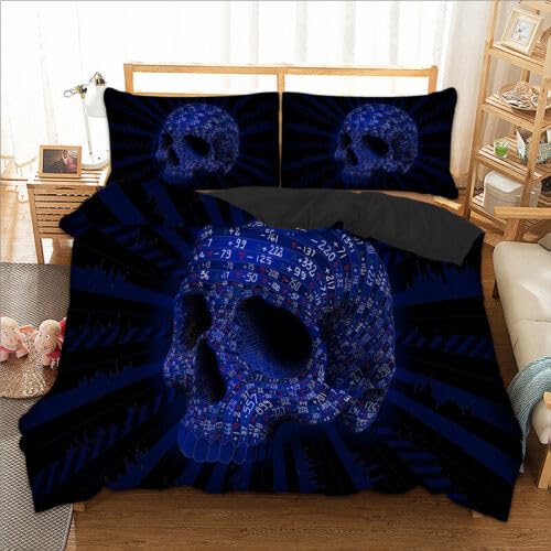 Housse de couette 240x260 microfibre anti-pli motif crâne bleu