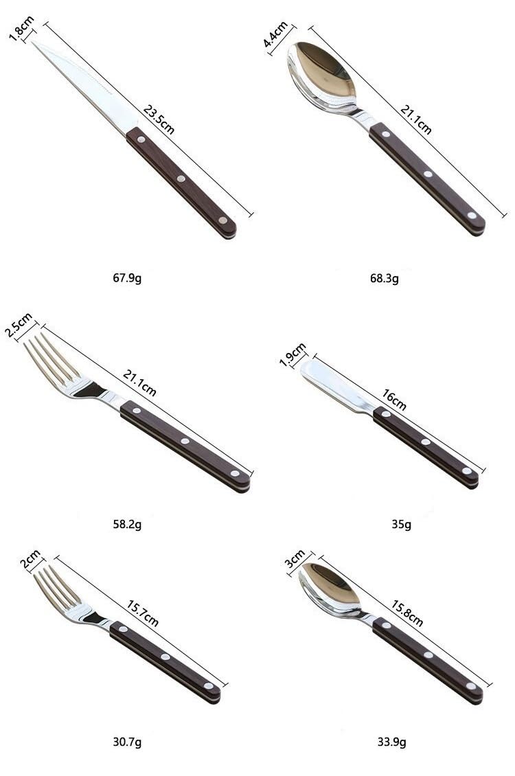 Ensemble de couverts en argent, 6/24/36/48/60/72 pièces, acier inoxydable 304, manche clip, manche plastique, couteau à steak, fourchette, cuillère, finition imitation bois marron, argent - 24 pièces
