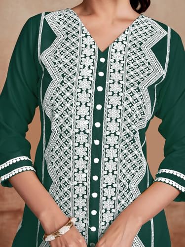 Image of EthnicJunction Women's Cotton Rayon Regular Fit Chikankari Embroidery Stright Kurta