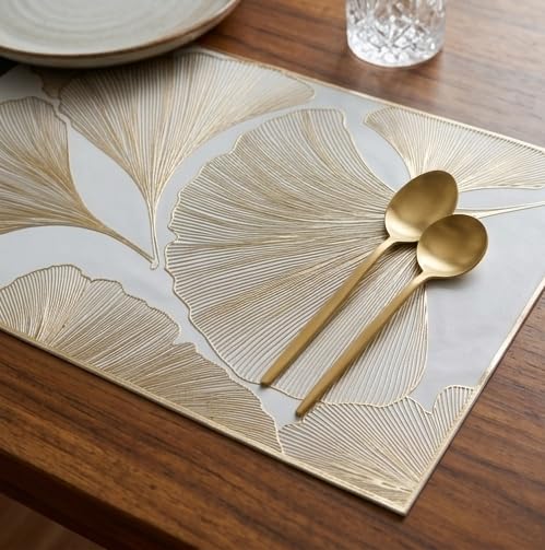 Image of HomeCloud Rectangular Waterproof Dining Table Placemats | Strong & Easy-Clean Table Mat for Dining, Center & Bedside Table | Protects from Spills, Heat & Scratches (Botanical Gold, Set of 2)