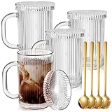 Noamus 4 Pack Glass Coffee Mugs with Lid and Spoon, 13oz Ribbed Vertical Stripes Tea Cup, Classic Clear Drinking Glassware Set for Hot Cold Beverage, Housewarming Christmas Anniversary Birthday Gift
