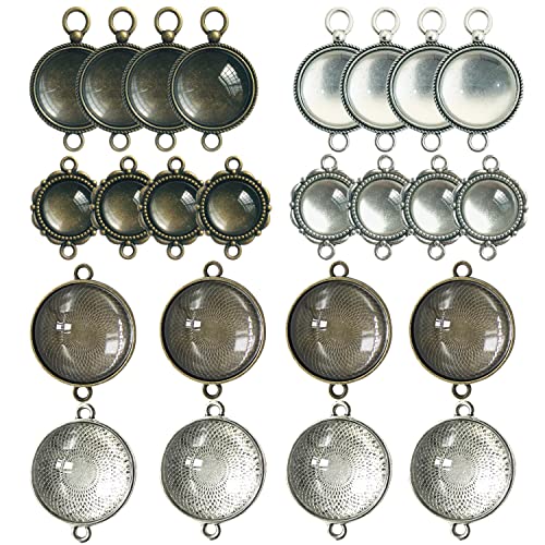 Allazone 48 PCS Pendant Tray Kit, Double Hole Bracelet Blanks Pendant Trays with 24 PCS Glass Cabochon Round Connector Charms Bracelet Cameo Bezel Settings Photo Jewelry for Crafting DIY
