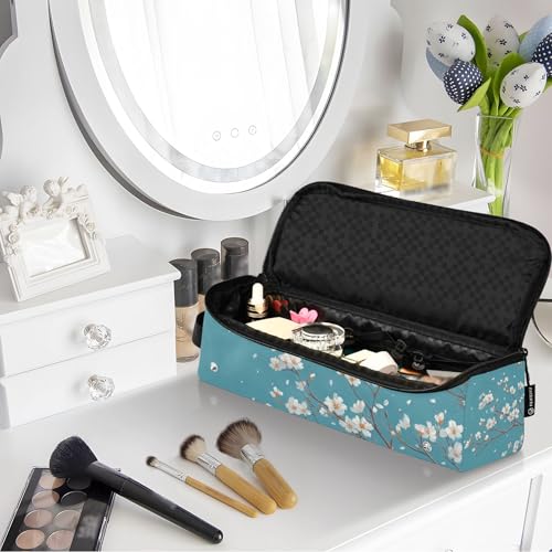 Estuche de viaje 2 en 1 para rizador con almohadilla resistente al calor y organizador para plancha de pelo, rizador, secador de cabello, diseño White Blossoms Teal miniatura 7