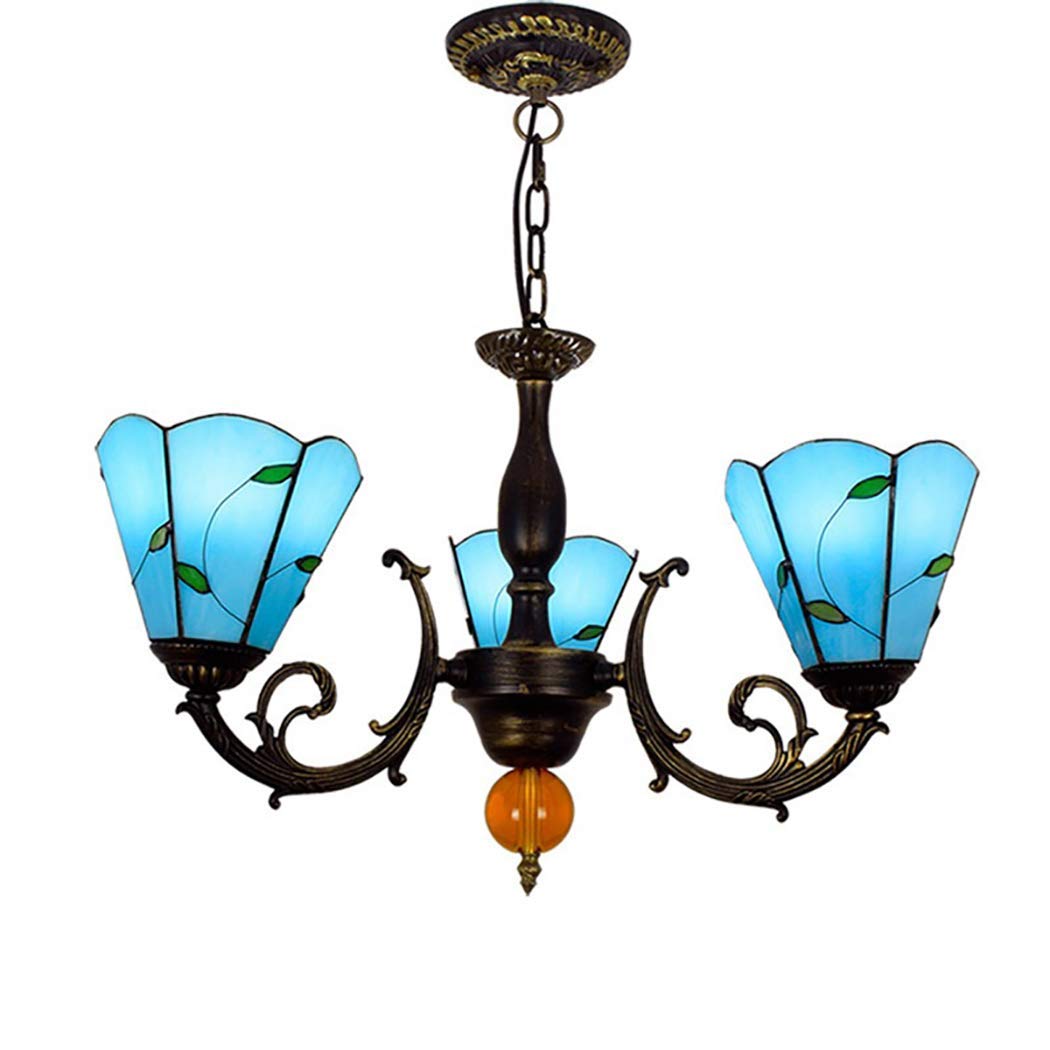 YNIYUJKL Retro Chandelier Vintage Tiffany-Style Stained Glass 3 Arm Chandelier With Inverted Ceiling Chandelier Blue Mediterranean