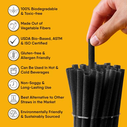 Image of The Veggie Straws - 300 PCS of 8.25 Inches Unwrapped Biodegradable Black Straws - Made of Vegetable Fibers, Best Environment Friendly Drinking Straws for Hot and Cold Beverages