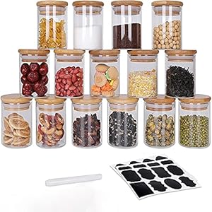 GoMaihe Voorraadpotten set van 15, Voorraaddozen Kruidenpotjes Luchtdichte Glazen Container Gemaakt van Glazen Pot met…