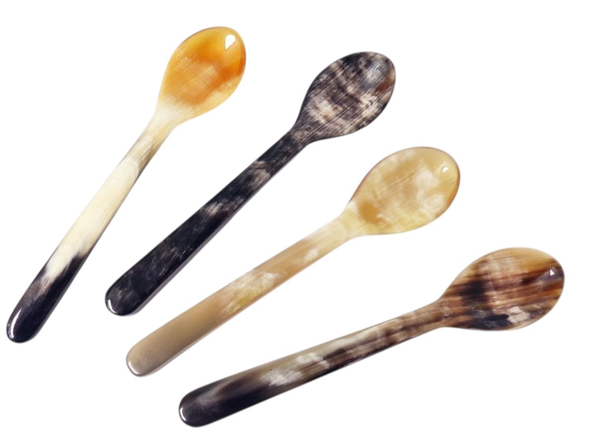 4 Stück Horn Eierlöffel gerade lebhaft gemasert 1A Qualität = 12 cm Laffe 25 x 35 mm Naturlöffel Öko Handarbeit Fair Handel