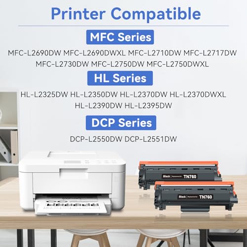Image of myCartridge SUPRINT Compatible TN760 Toner for Brother TN760 TN730, 2 PK | Chip TN760 Toner Work with MFC-L2710DW MFC-L2750DW HL-L2370DW DCP-L2550DW Printer, TN-760 /TN-730 for Home Office
