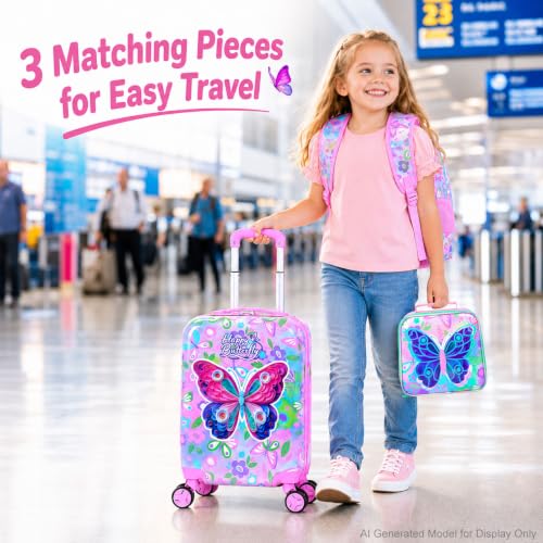 Image of CCJPX 5Pcs Kids Luggage Set, 16 inch Girls Travel Suitcase with Spinner Wheels, Butterfly Hardside Carry on Toddler Rolling Suitcase Airline Approved(Pink)