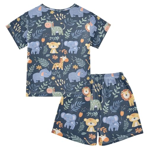 ALAZA Blue Elephant Horse Lion Bear Pajamas Short Sleeve 2 Piece Sleepwear Top and Bottom Pajama Set Unisex2