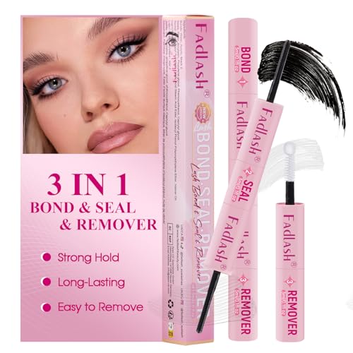 FADLASH 3 in 1 Lash Bond and Seal Remover Set for Cluster Lashes Gentle Formula Lash Glue Remover 72 Hours Hold Cluster Lash Glue for DIY Eyelash Extensions Self Application at Home