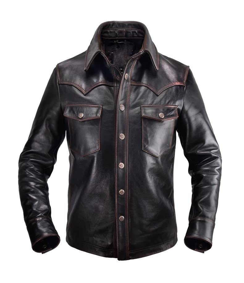 Men's Leather Biker Jacket | Brown Made in USA Leather Jacket Shirt, Leather Jacket Men | Leather Biker Jacket